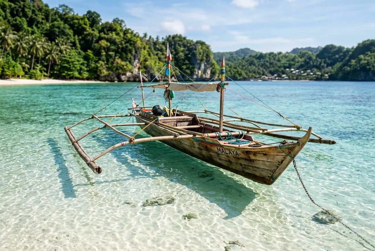 Perahu tradisional terapung di perairan jernih Pulau Kapuk